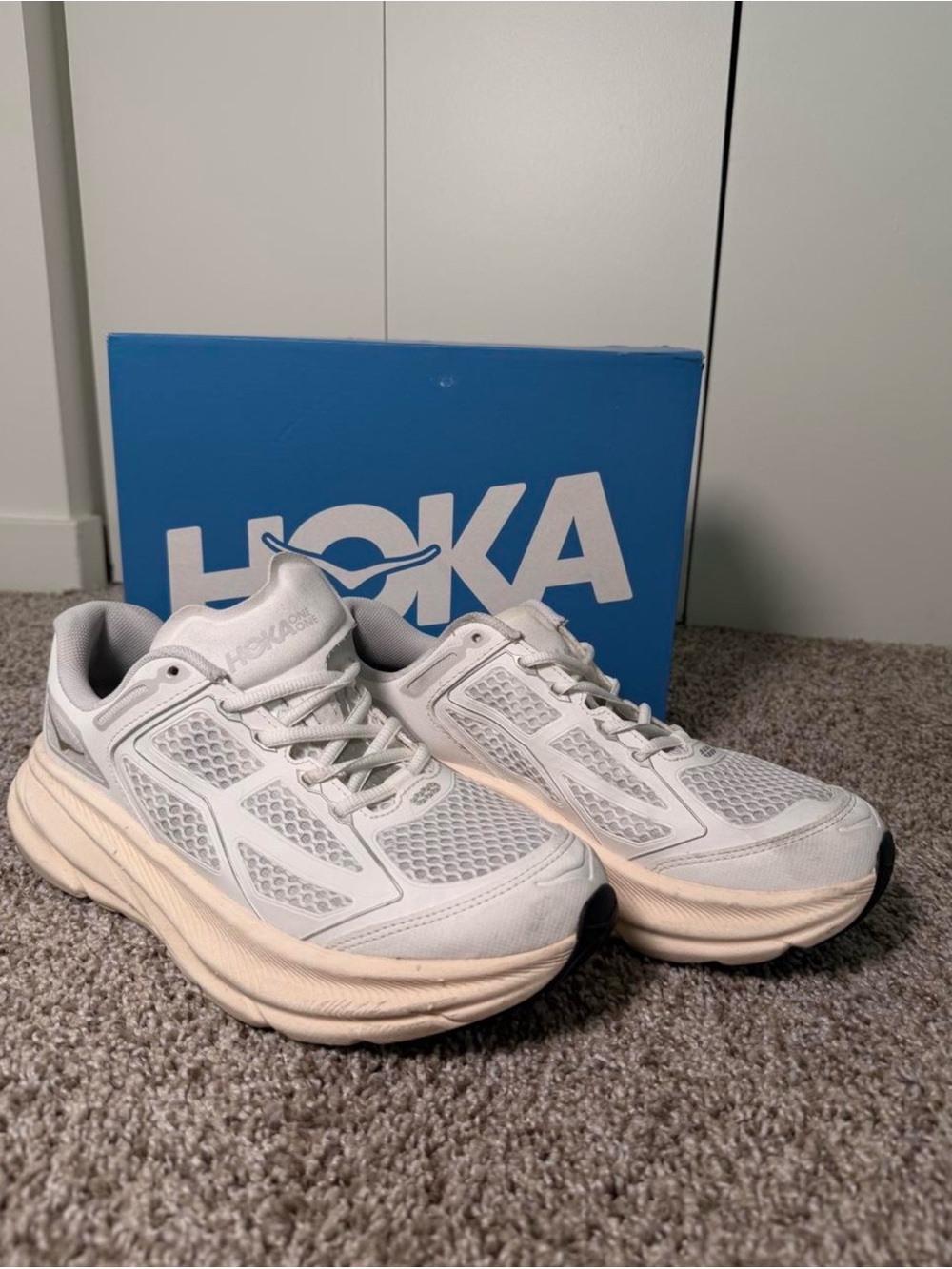 Hoka White and Cream Mesh Athletic Running Shoes